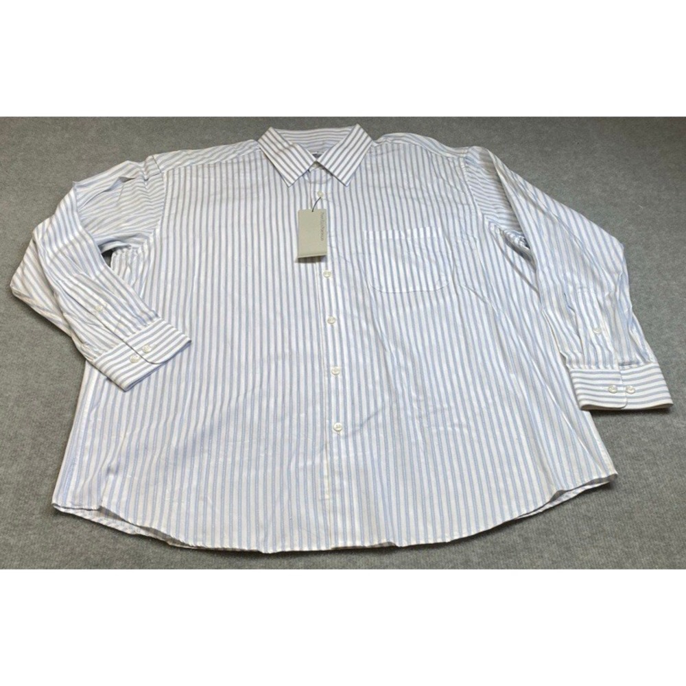 NWT Perry Ellis Portfolio Button Up Men 17 32/33 Blue White Striped Long Sleeve